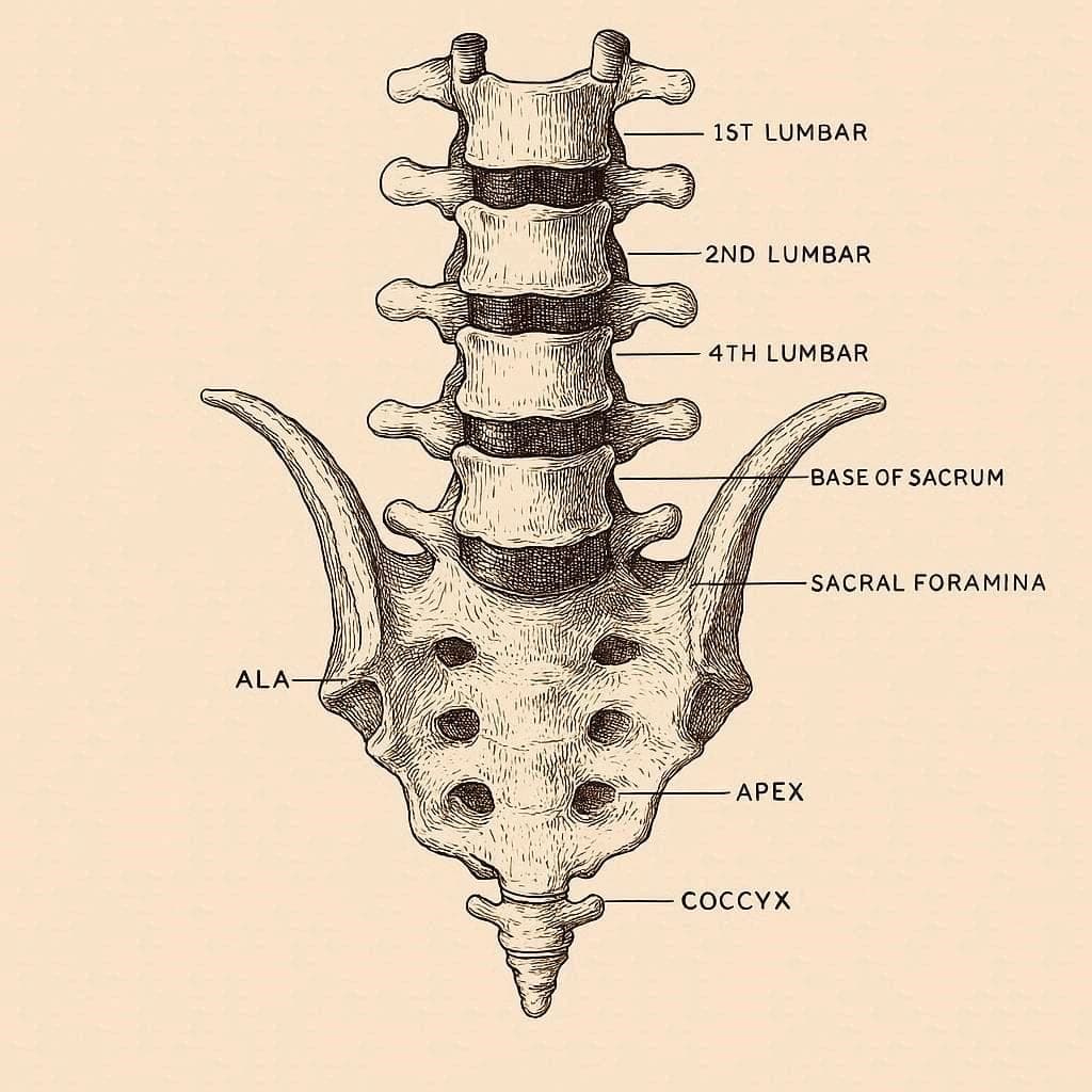 Anatomical illustration of the lumbar vertebrae, sacrum, and coccyx, labelling the first, second, and fourth lumbar vertebrae, base of sacrum, sacral foramina, ala, apex, and coccyx